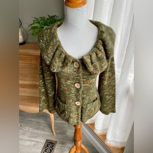 Vintage Suzie Olive Green Shawl Collar Cardigan- Size Small